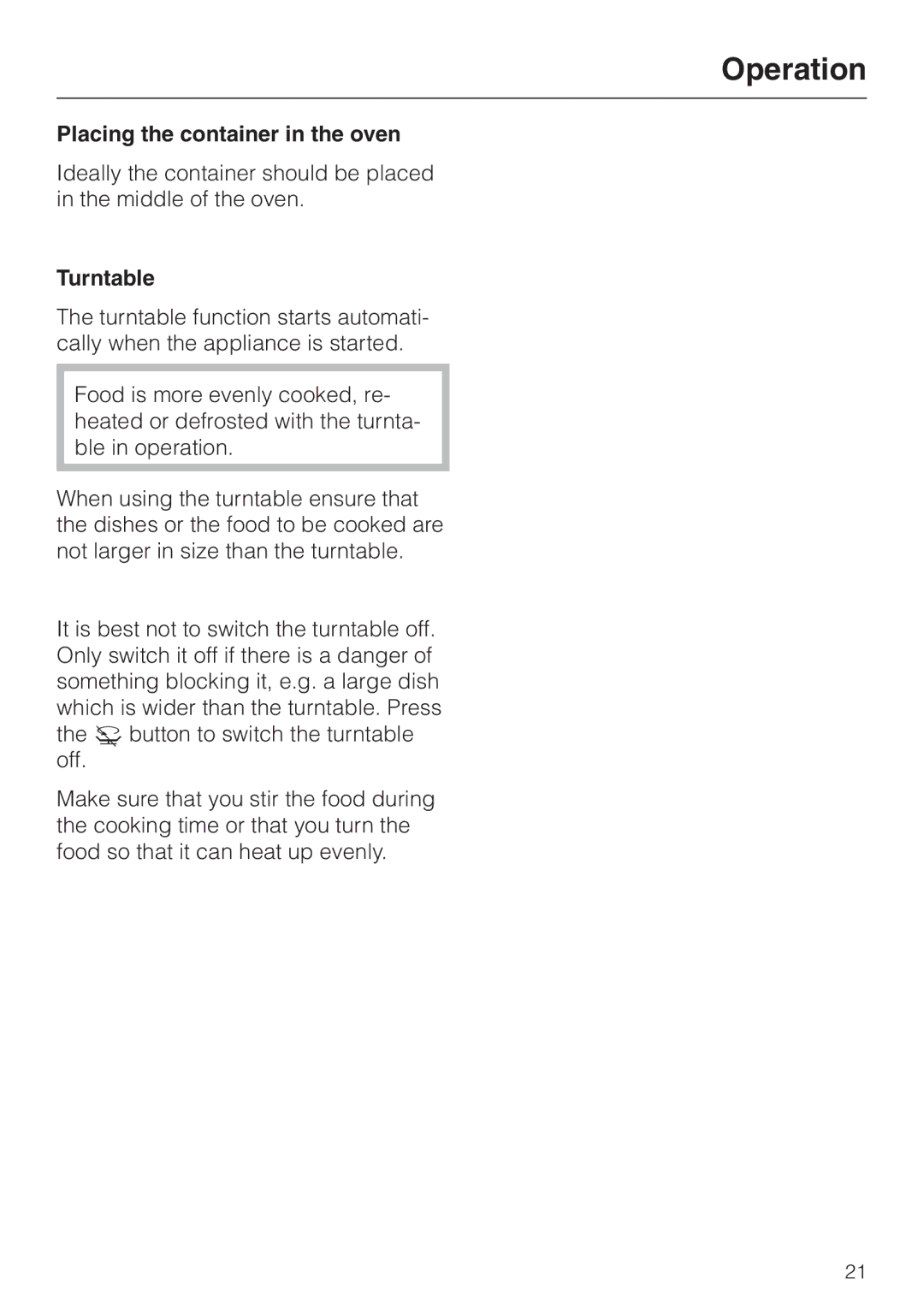 Miele M 635 EG manual Placing the container in the oven, Turntable 