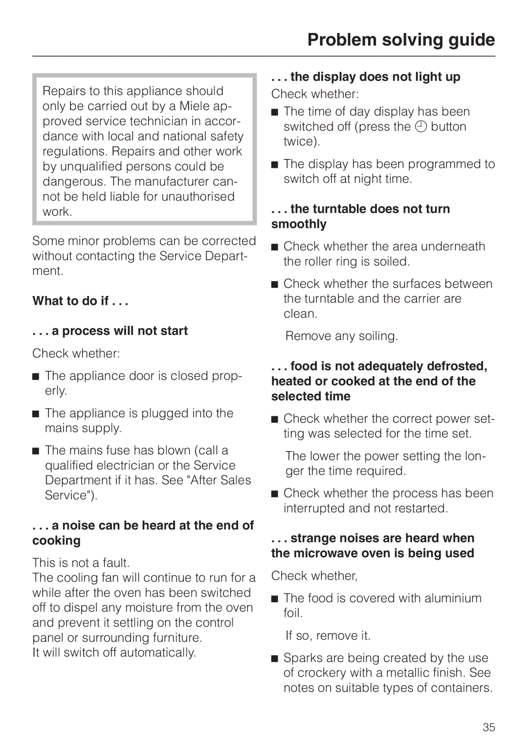 Miele M 635 EG manual Problem solving guide, What to do if Process will not start, Noise can be heard at the end of cooking 