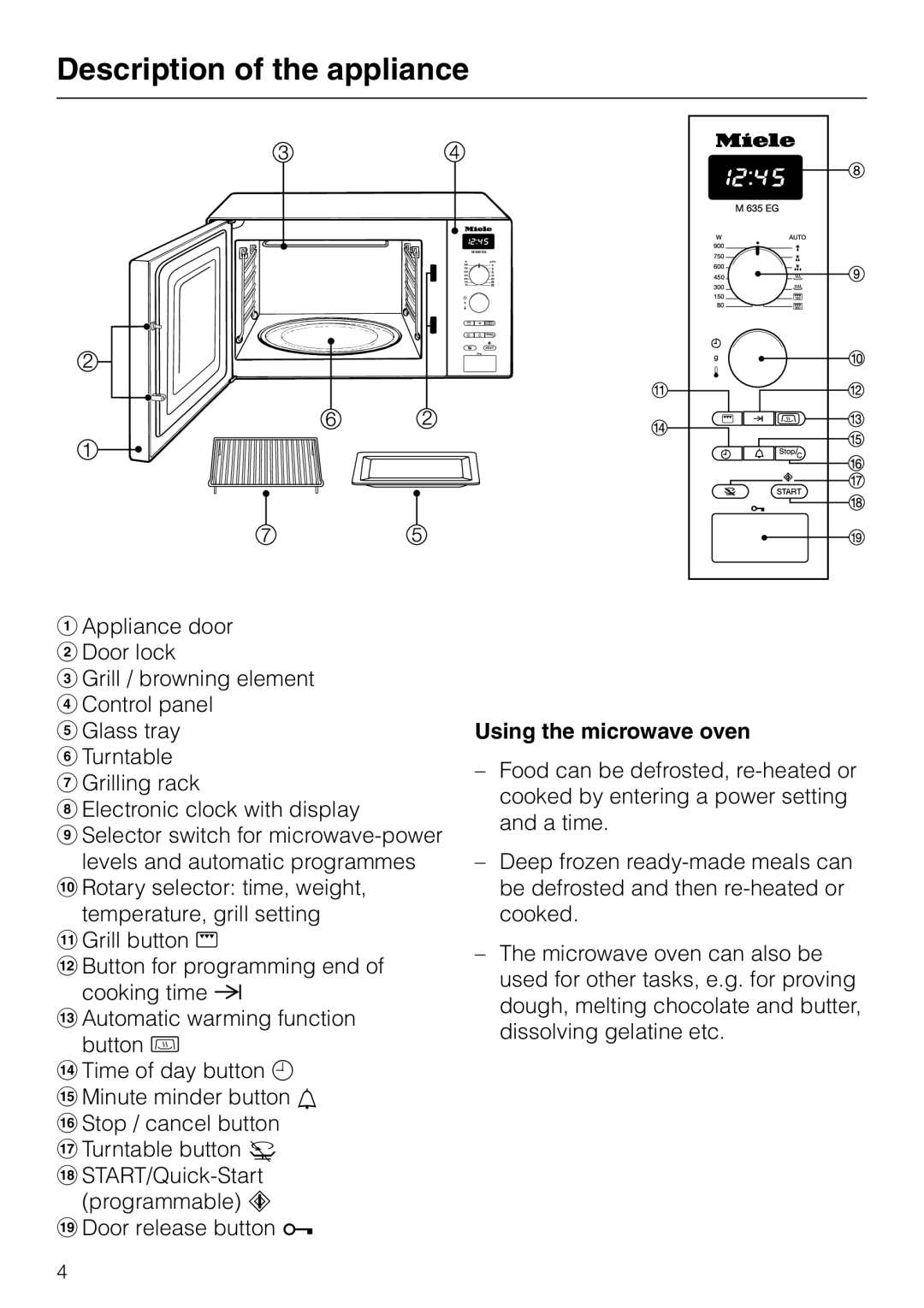 Miele M 635 EG manual Description of the appliance, Using the microwave oven 