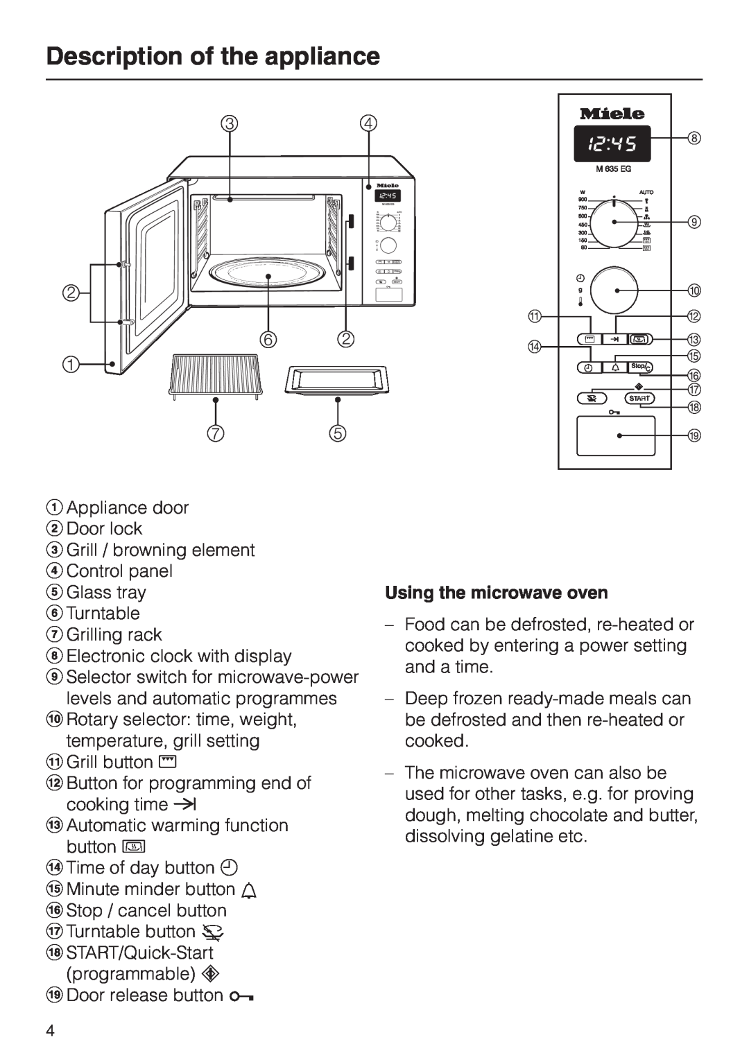 Miele M 635 EG manual Description of the appliance, Using the microwave oven 
