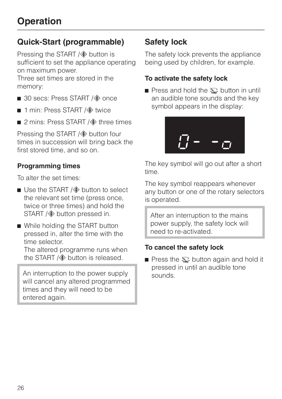 Miele M 637-45 ECR manual Quick-Start programmable, Safety lock, Programming times, To activate the safety lock 