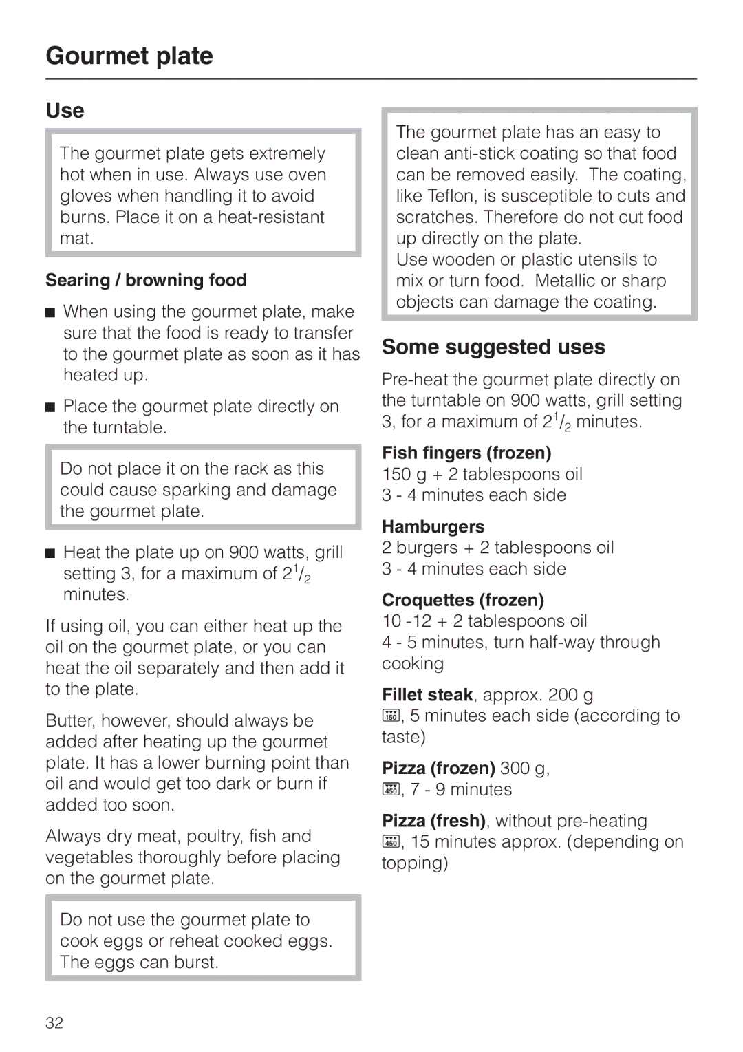 Miele M 637-45 ECR manual Gourmet plate, Use, Some suggested uses 