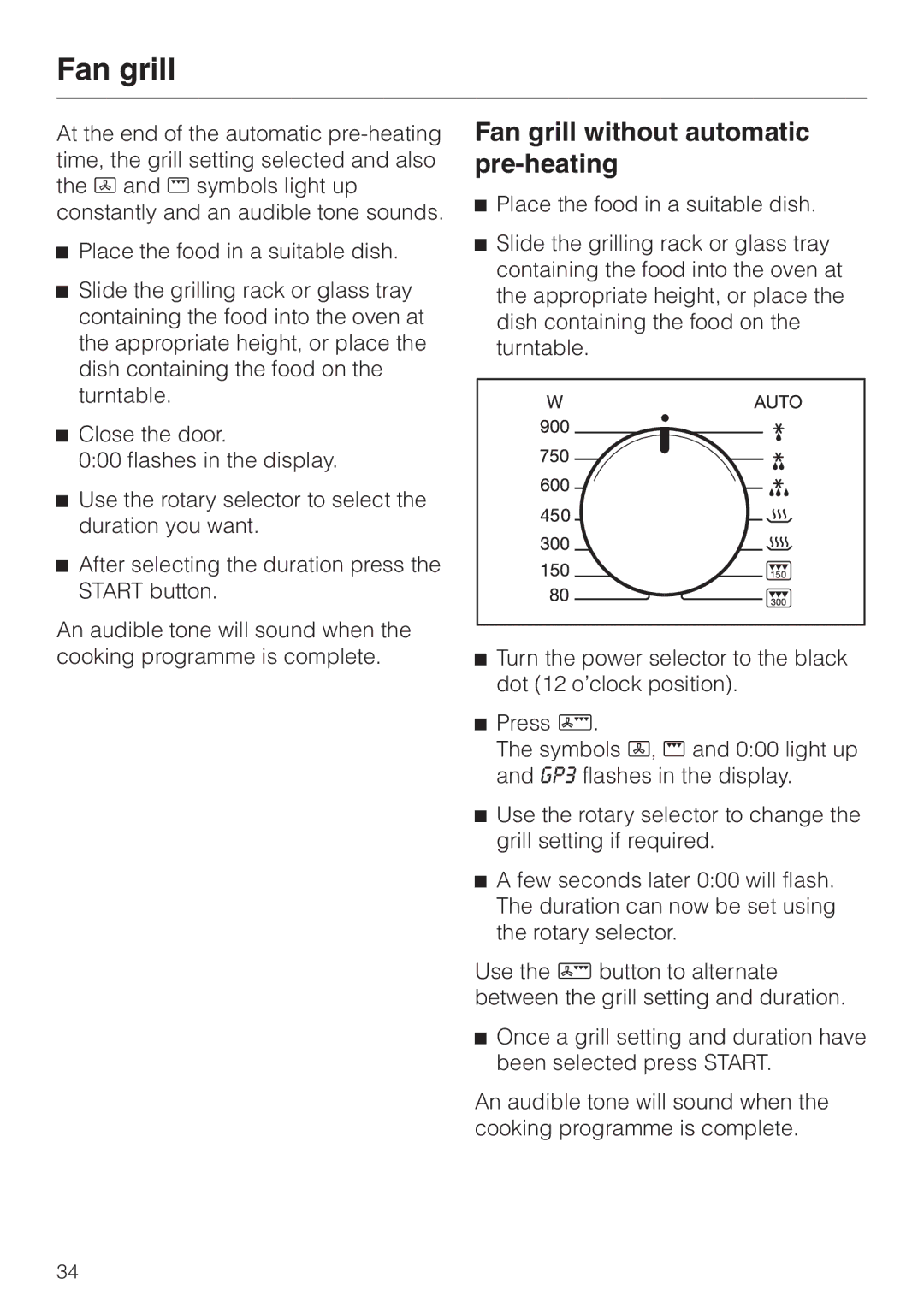 Miele M 637-45 ECR manual Fan grill without automatic pre-heating 