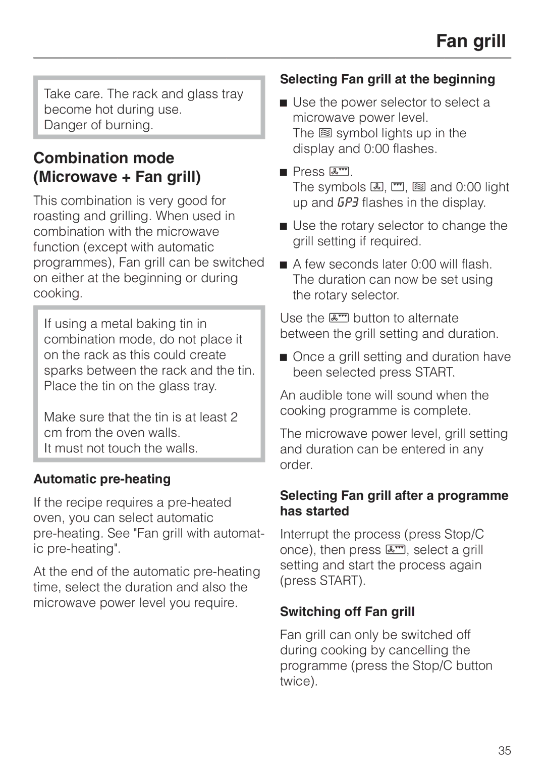 Miele M 637-45 ECR Combination mode Microwave + Fan grill, Selecting Fan grill at the beginning, Switching off Fan grill 