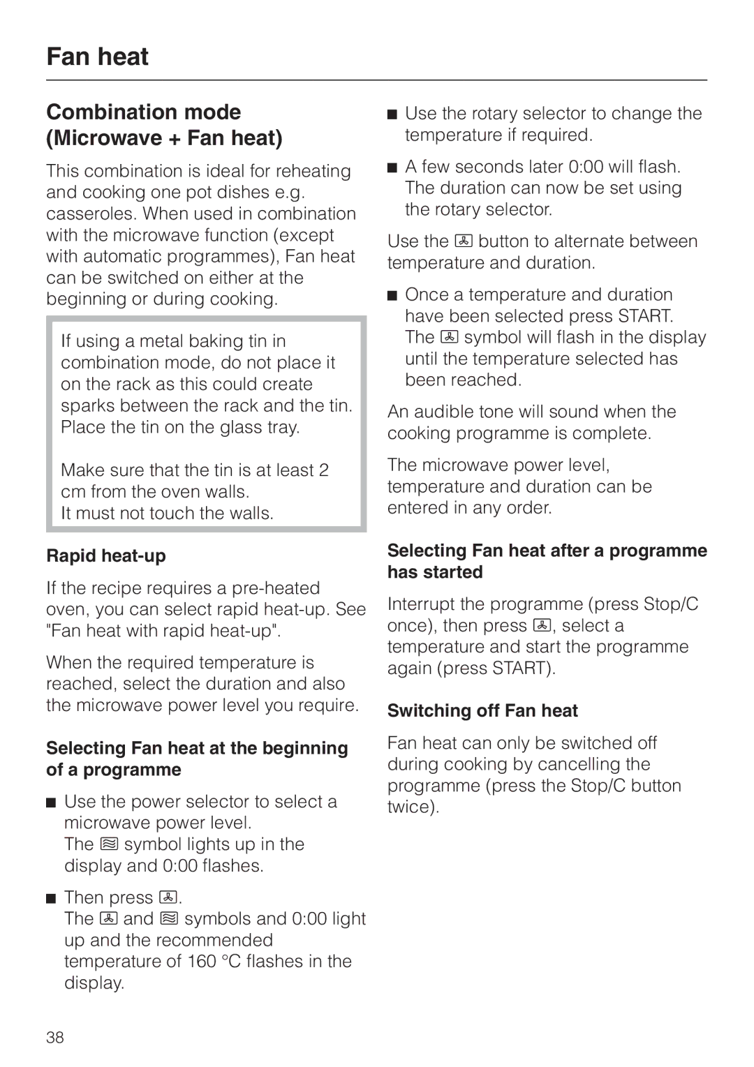 Miele M 637-45 ECR Combination mode Microwave + Fan heat, Rapid heat-up, Selecting Fan heat after a programme has started 