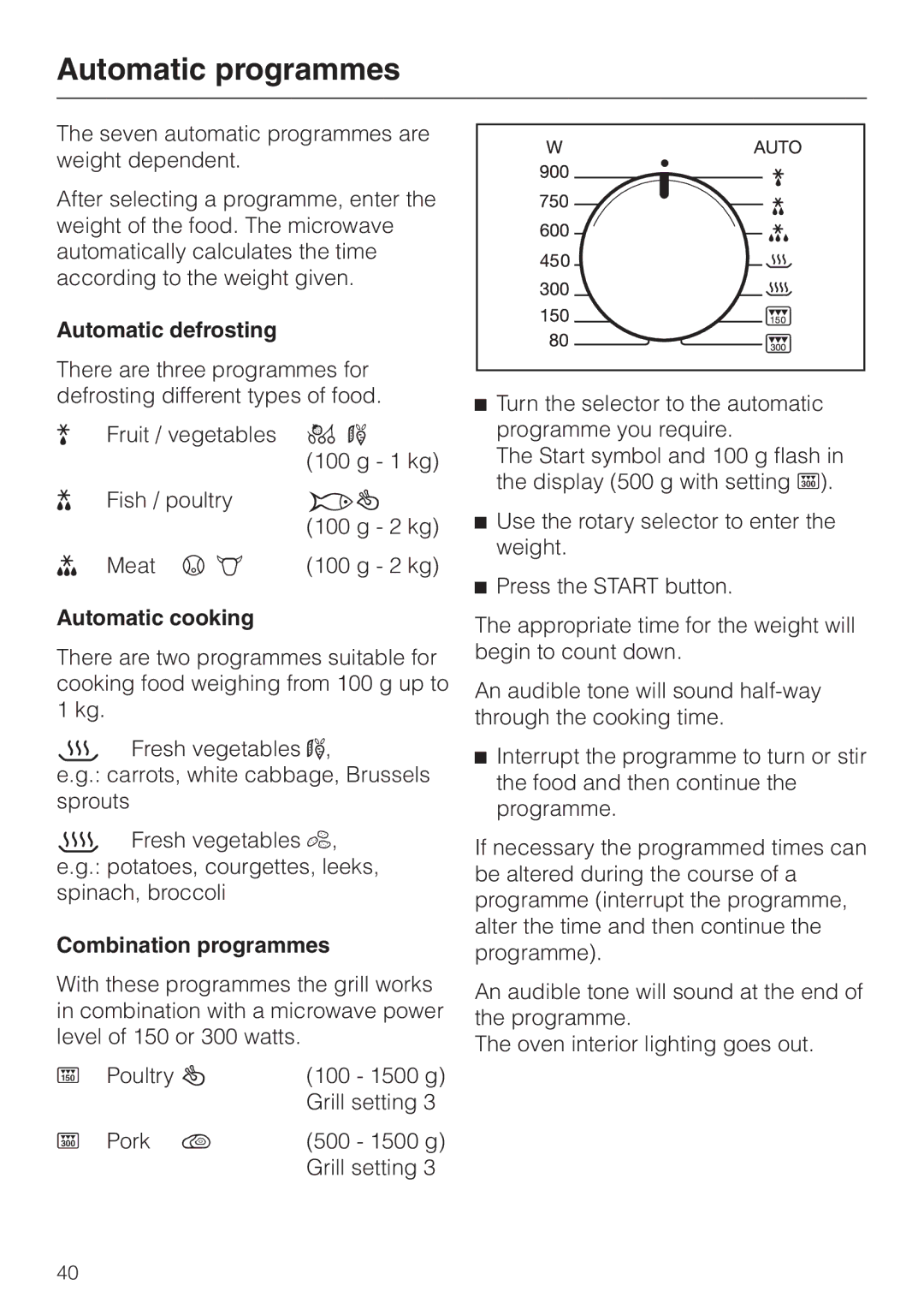 Miele M 637-45 ECR manual Automatic programmes, Automatic defrosting, Automatic cooking, Combination programmes 