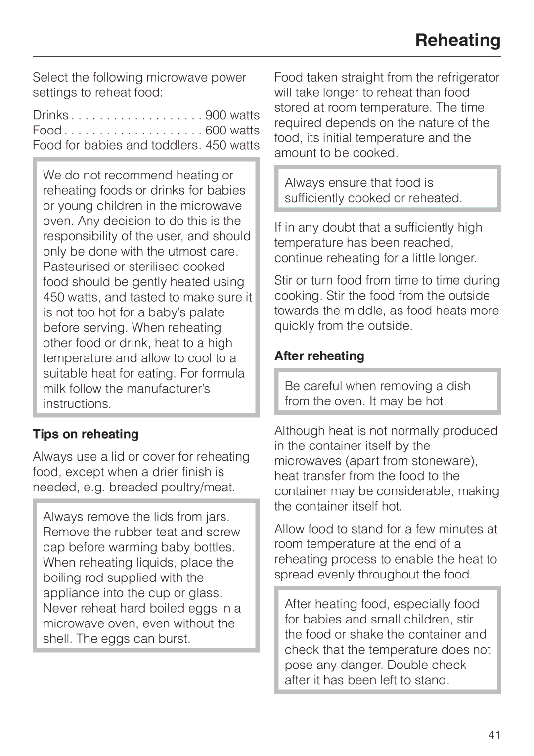 Miele M 637-45 ECR manual Reheating, Tips on reheating, After reheating 