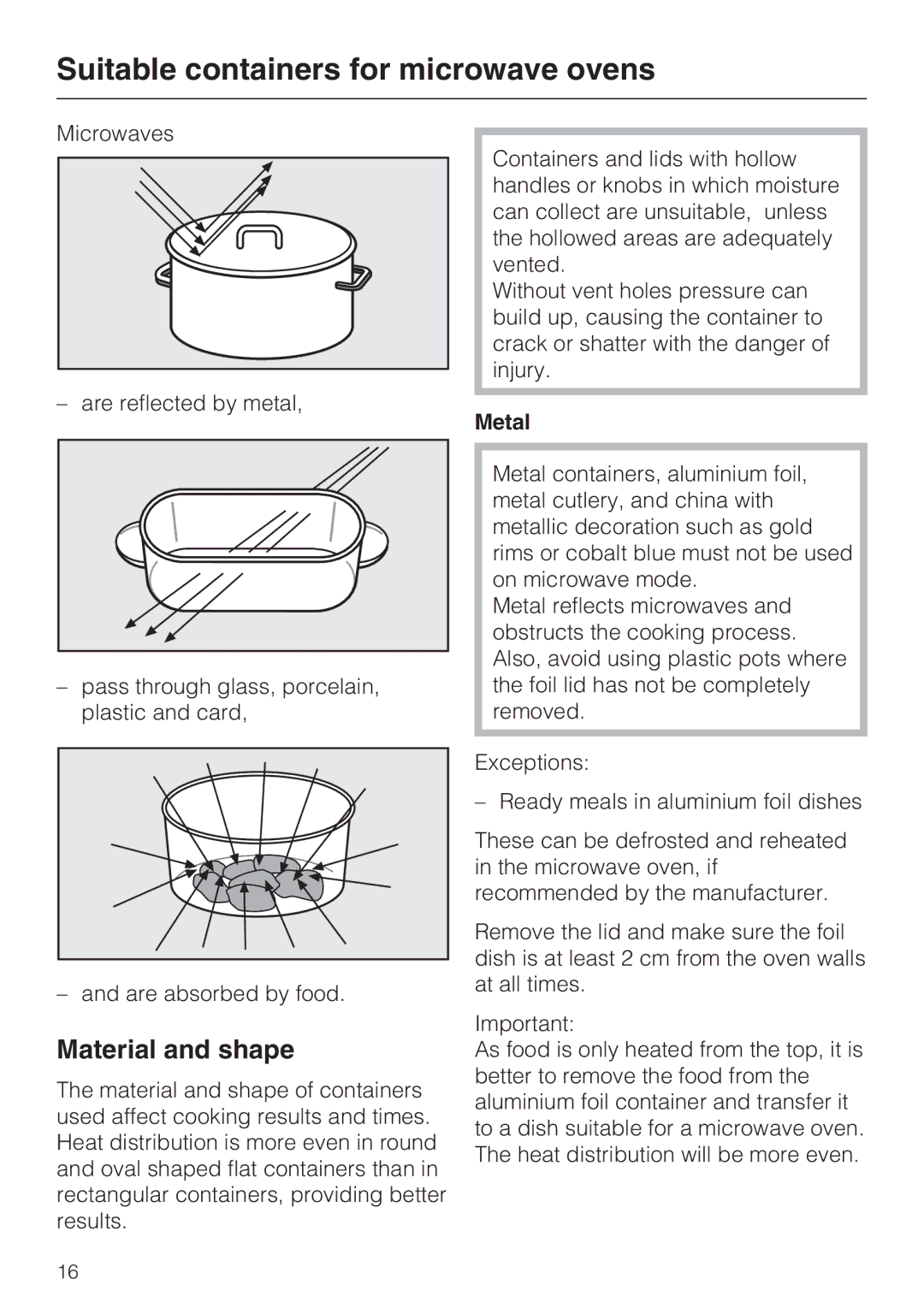 Miele M 8151-1, M 8161-1 manual Suitable containers for microwave ovens, Material and shape, Metal 