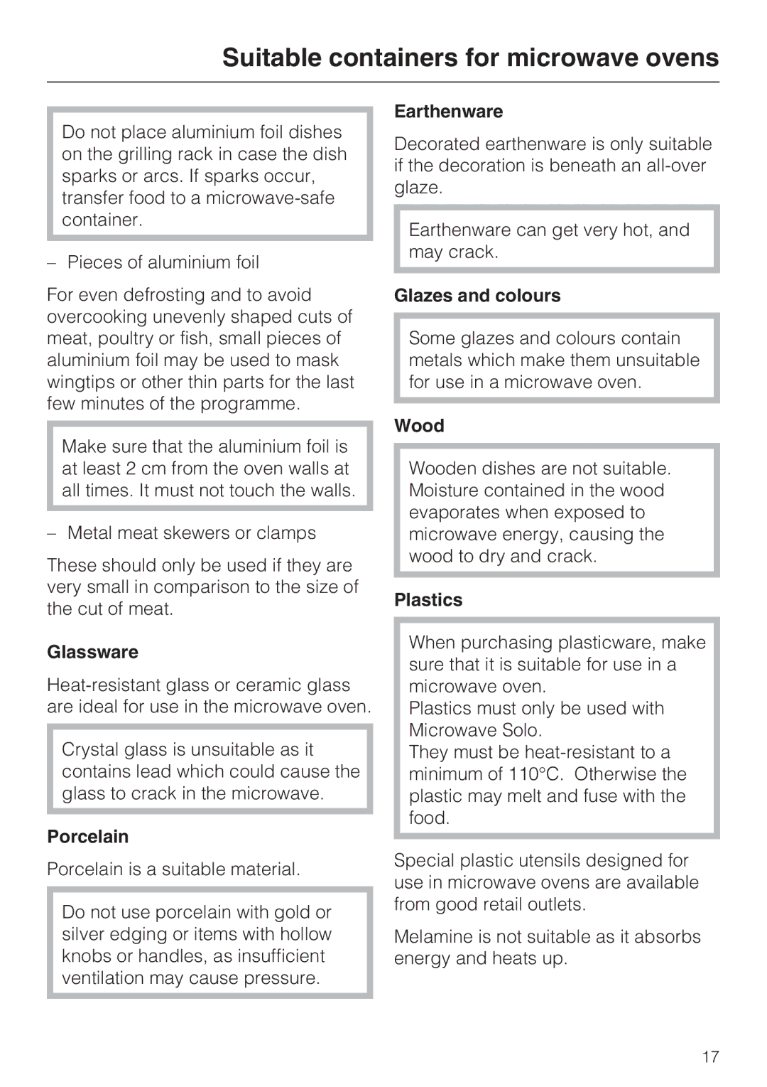Miele M 8161-1, M 8151-1 manual Glassware, Porcelain, Earthenware, Glazes and colours, Wood, Plastics 