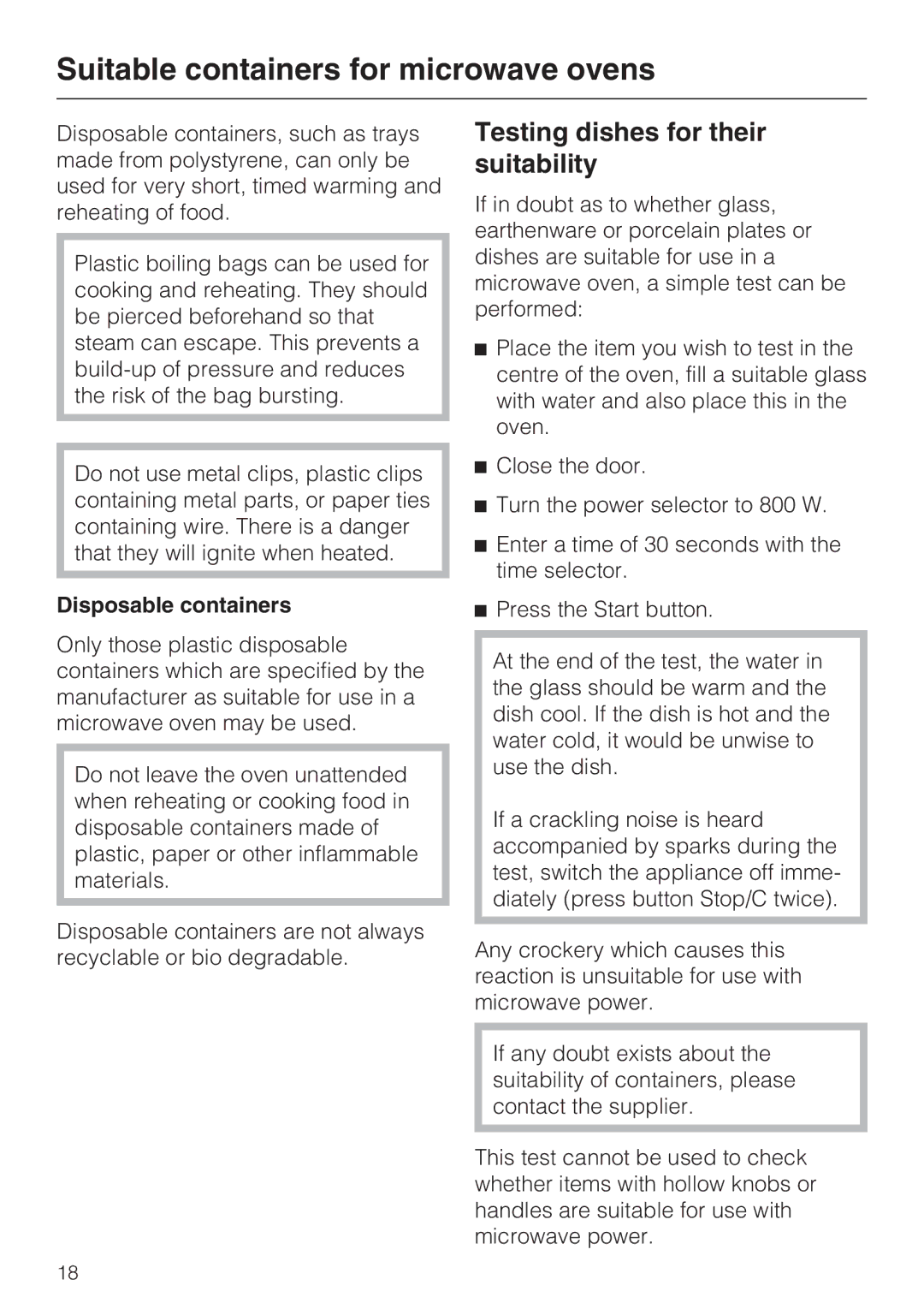 Miele M 8151-1, M 8161-1 manual Testing dishes for their suitability, Disposable containers 