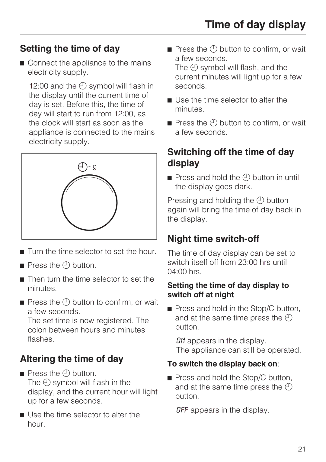 Miele M 8161-1, M 8151-1 Time of day display, Setting the time of day, Altering the time of day, Night time switch-off 