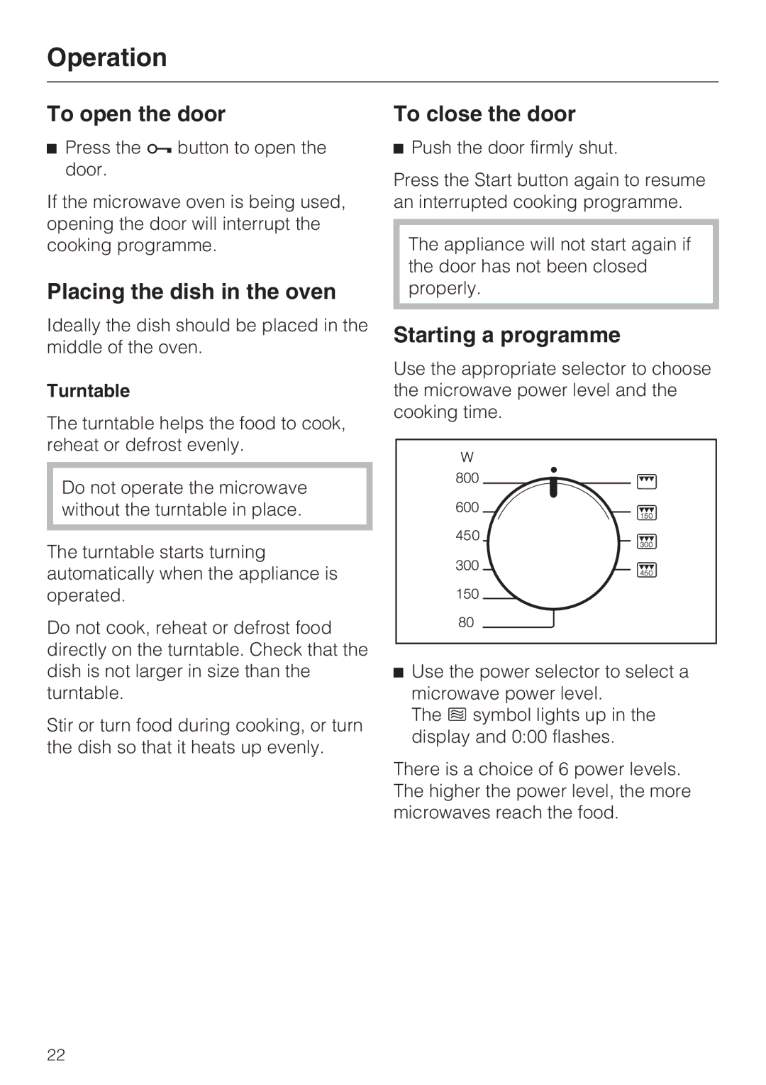 Miele M 8151-1 manual Operation, To open the door, Placing the dish in the oven, To close the door, Starting a programme 