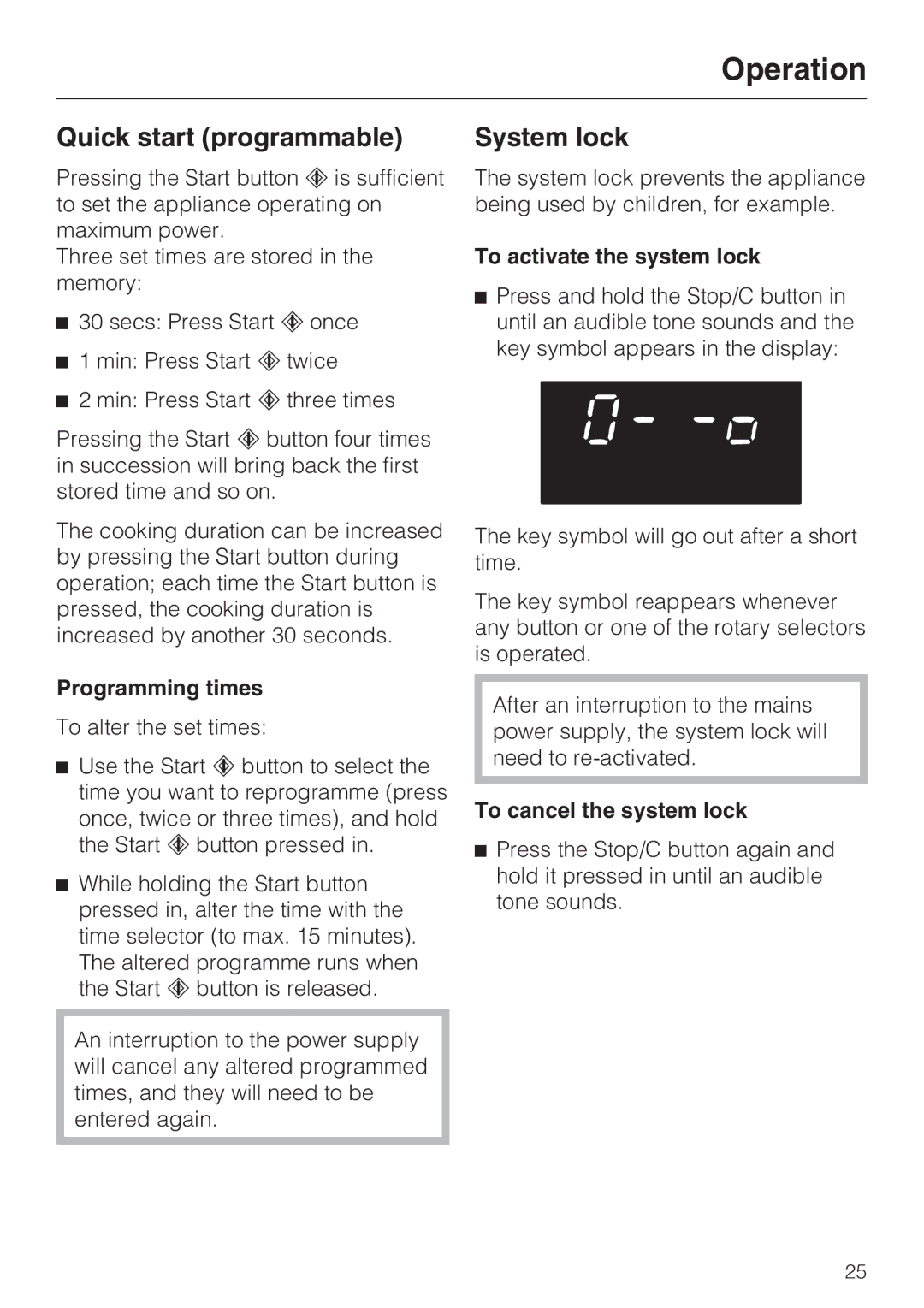 Miele M 8161-1, M 8151-1 manual Quick start programmable, System lock, Programming times, To activate the system lock 