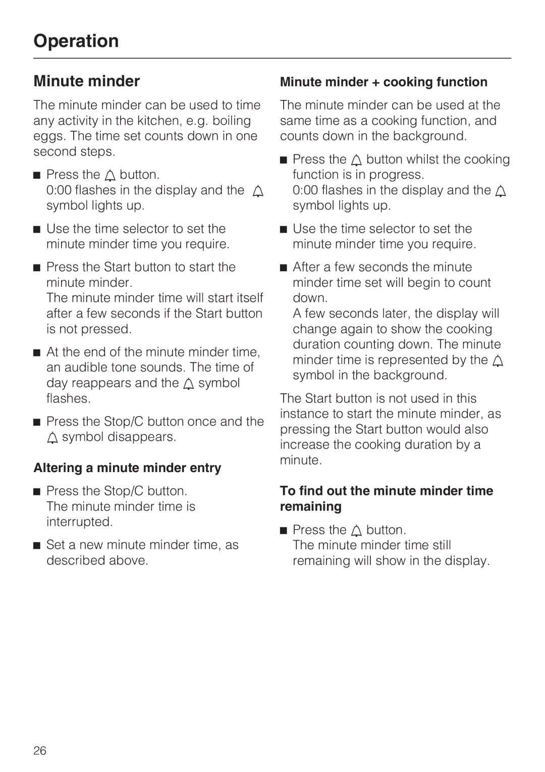 Miele M 8151-1, M 8161-1 manual Altering a minute minder entry, Minute minder + cooking function 