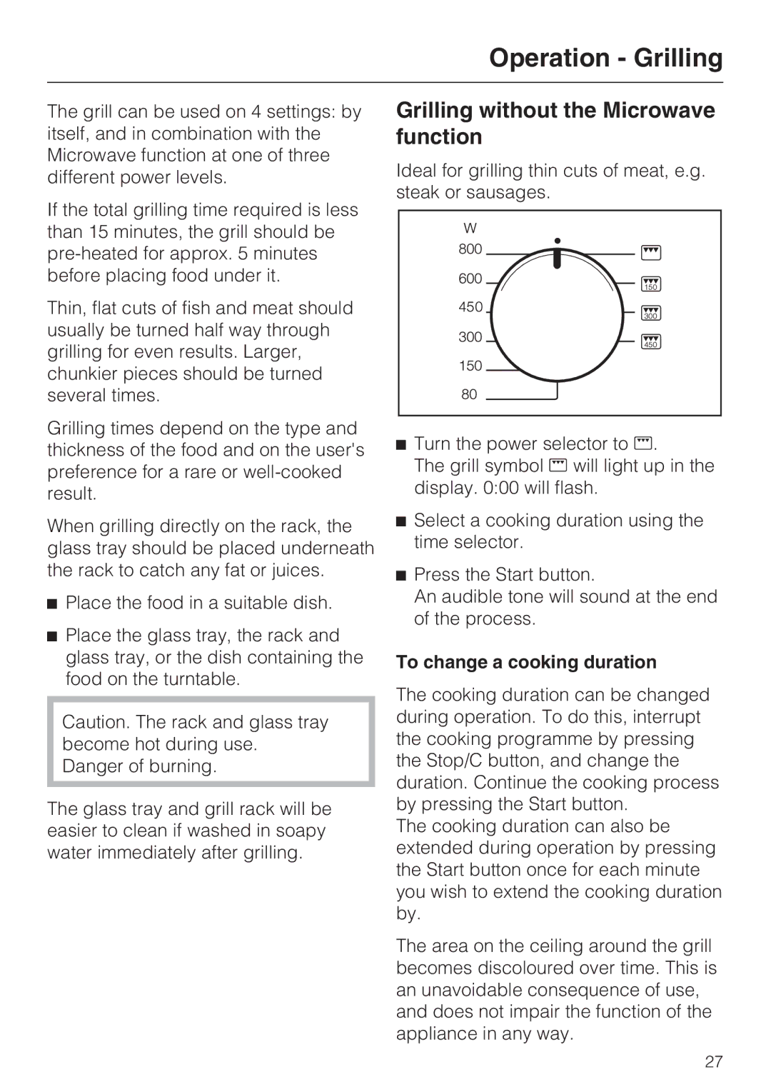 Miele M 8161-1, M 8151-1 manual Operation Grilling, Grilling without the Microwave function, To change a cooking duration 