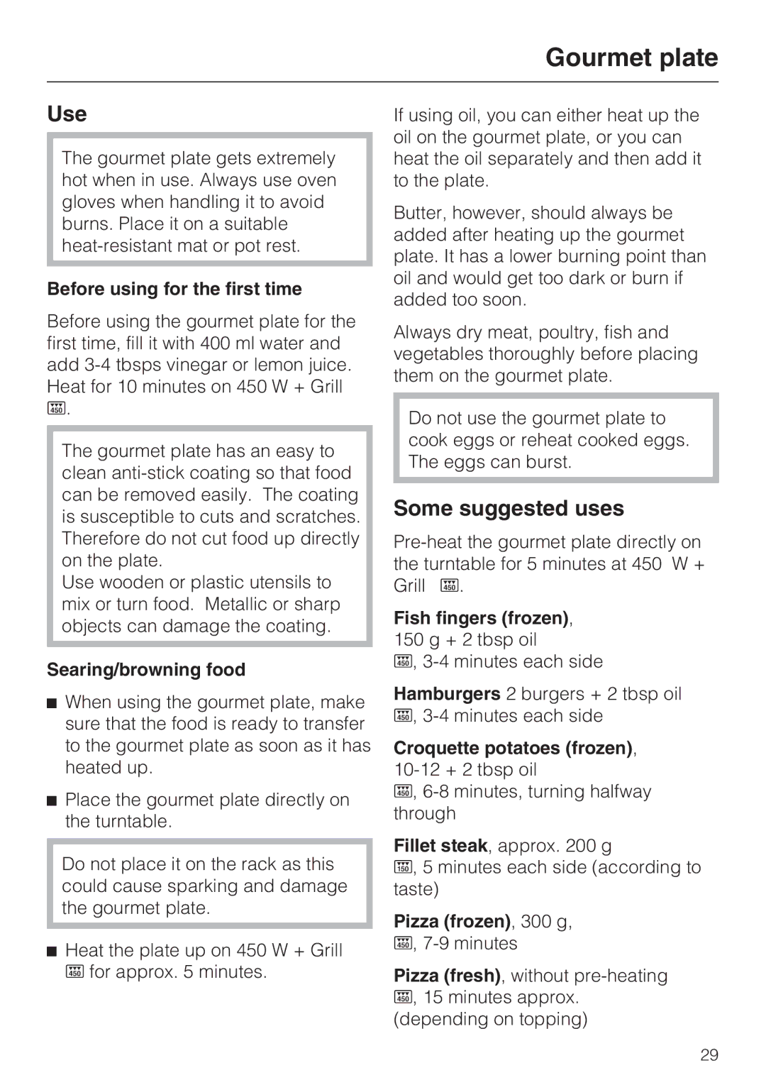 Miele M 8161-1, M 8151-1 manual Gourmet plate, Use, Some suggested uses 