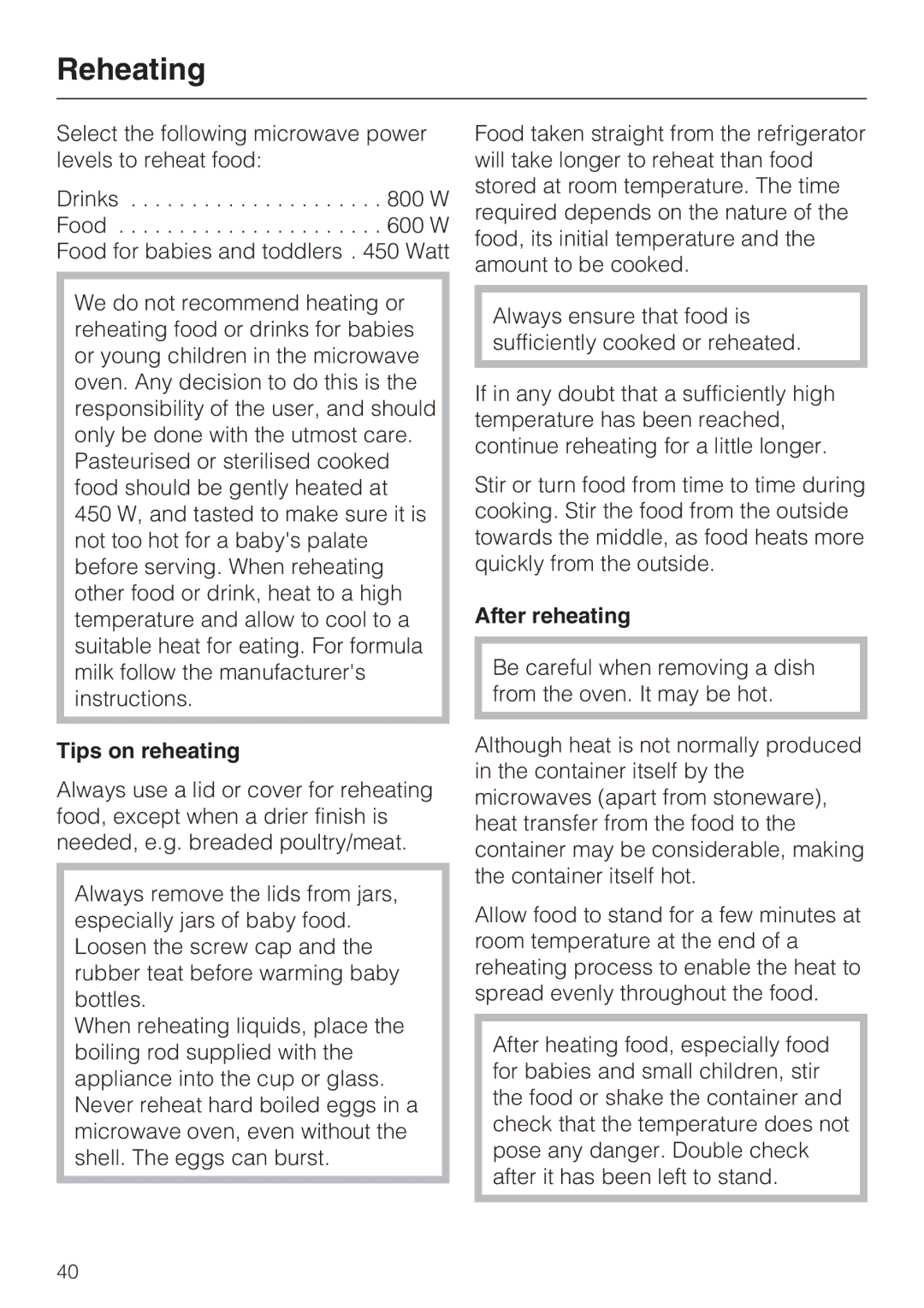 Miele M 8151-1, M 8161-1 manual Reheating, Tips on reheating, After reheating 