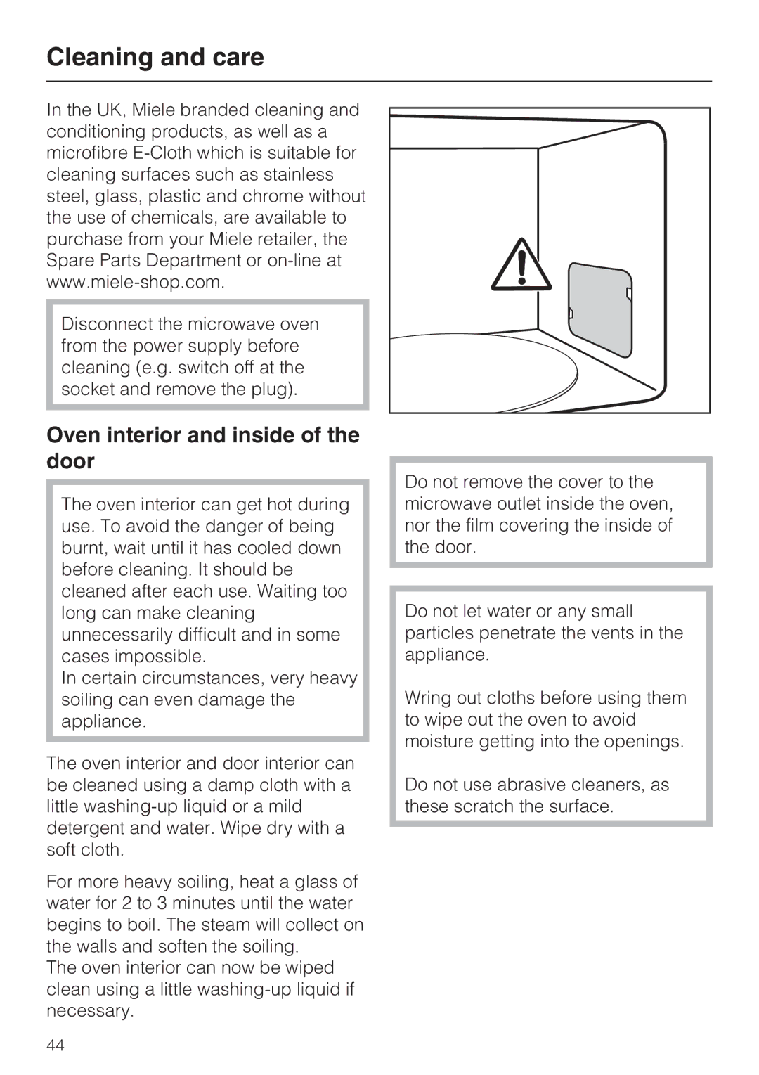 Miele M 8151-1, M 8161-1 manual Cleaning and care, Oven interior and inside of the door 