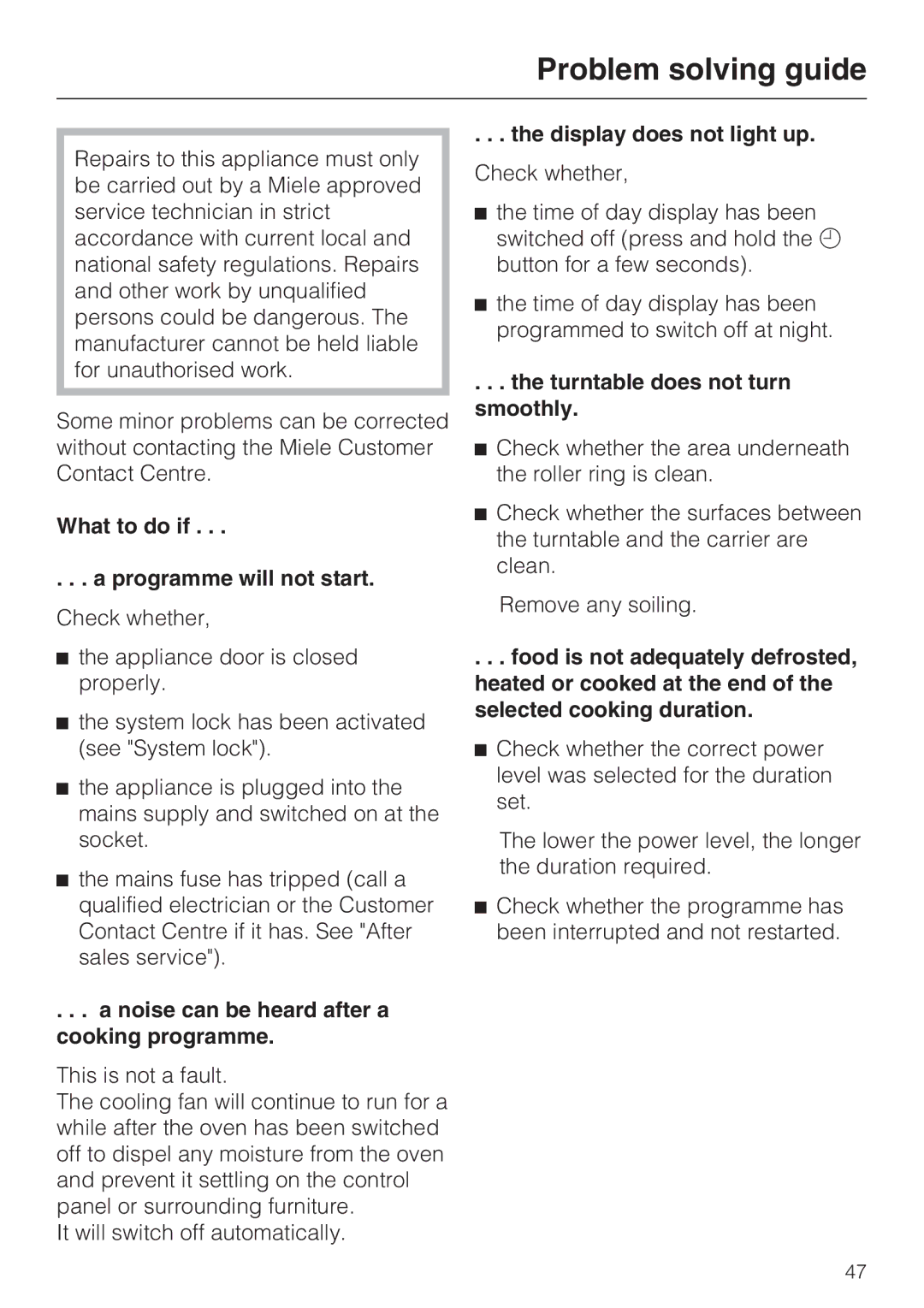 Miele M 8161-1 Problem solving guide, What to do if Programme will not start, Noise can be heard after a cooking programme 