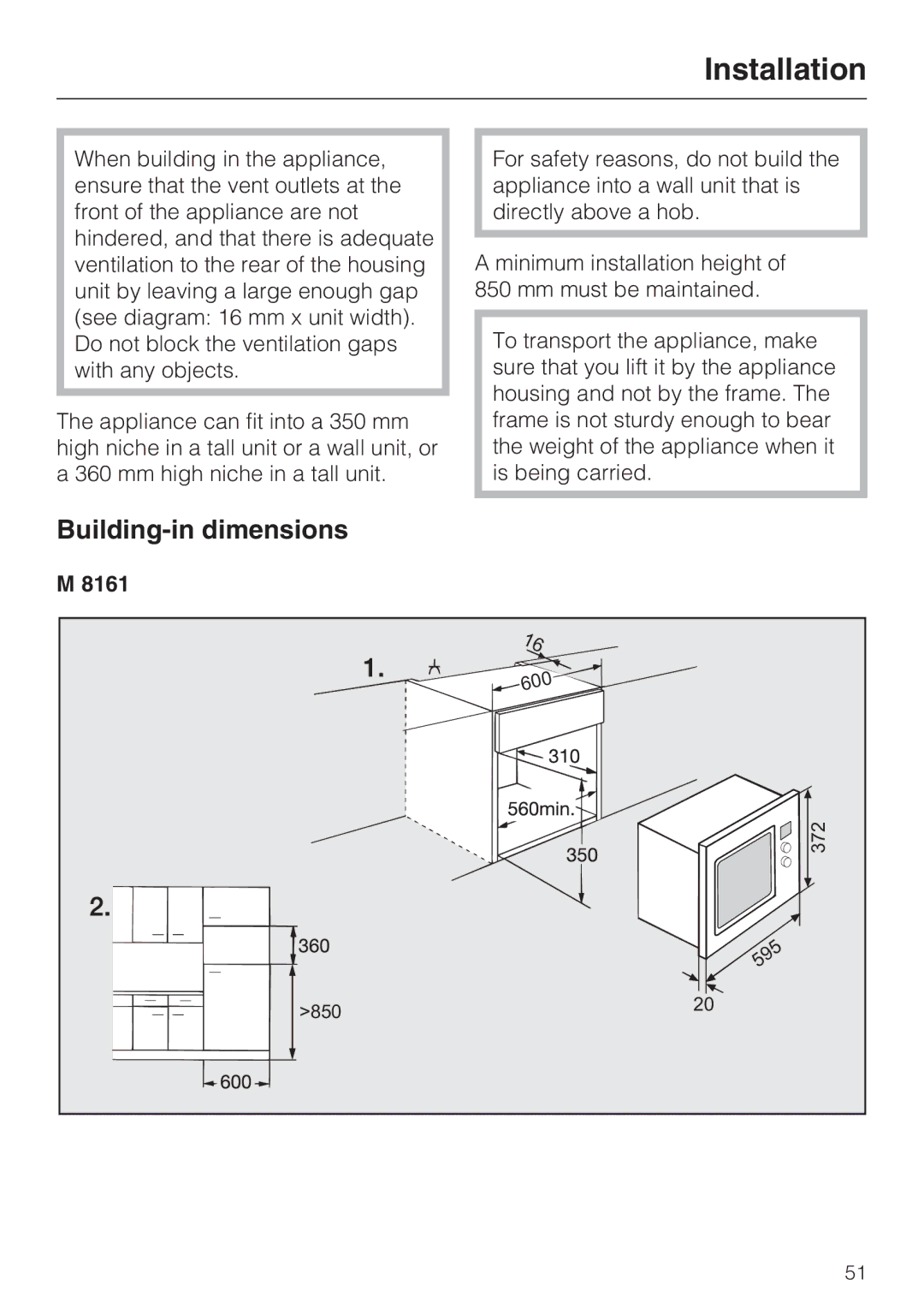 Miele M 8161-1, M 8151-1 manual Installation, Building-in dimensions 