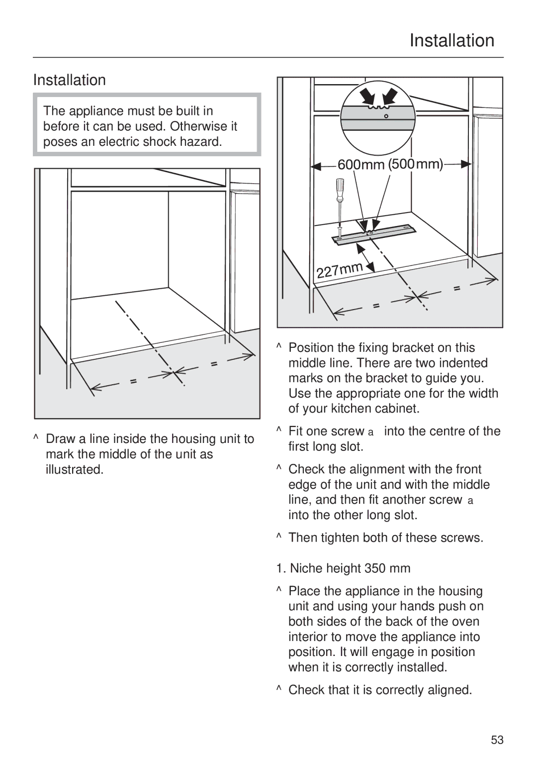 Miele M 8161-1, M 8151-1 manual Installation, Niche height 350 mm 