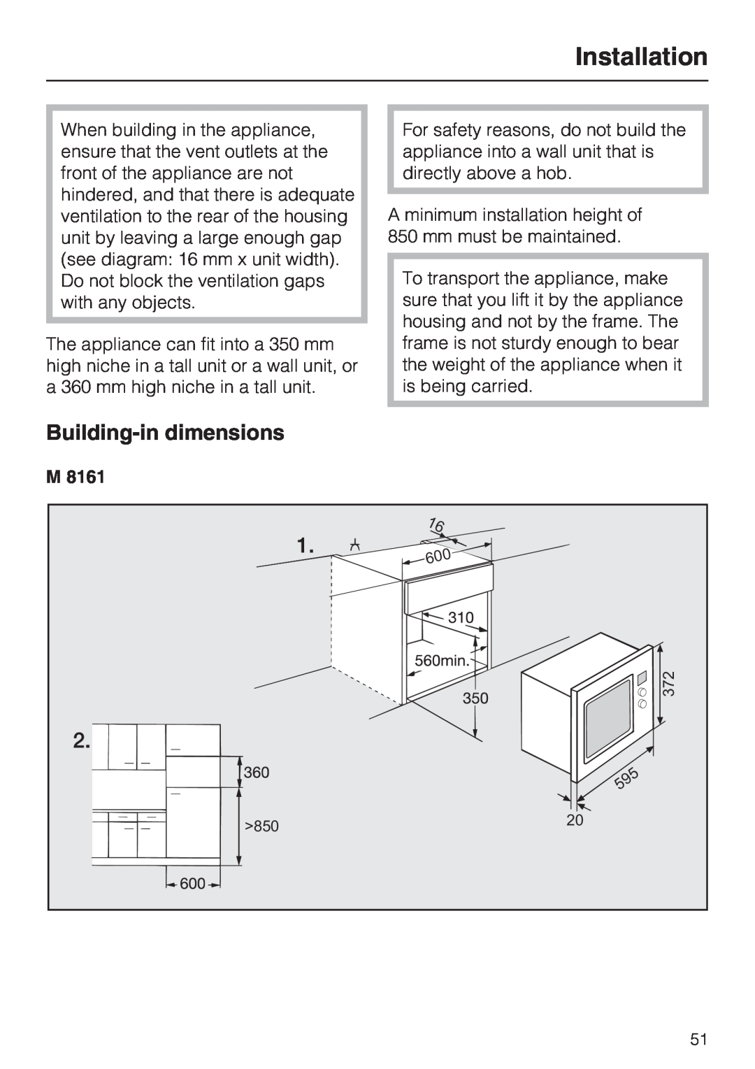 Miele M 8161-1, M 8151-1 manual Installation, Building-in dimensions 