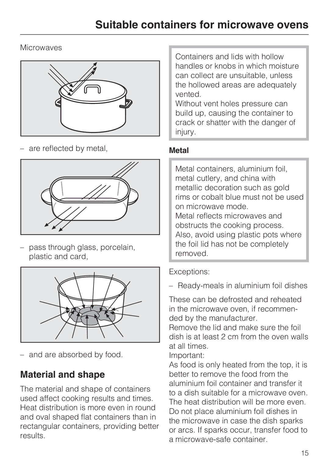 Miele M 8260-2 manual Suitable containers for microwave ovens, Material and shape, Metal 