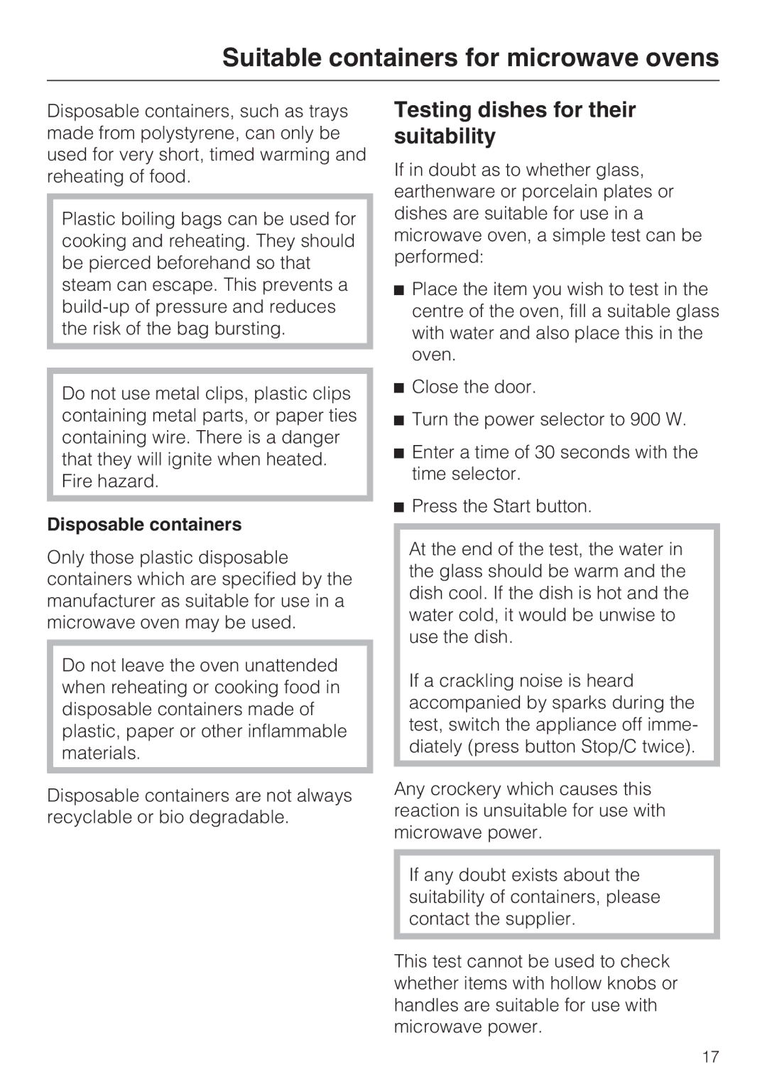 Miele M 8260-2 manual Testing dishes for their suitability, Disposable containers 