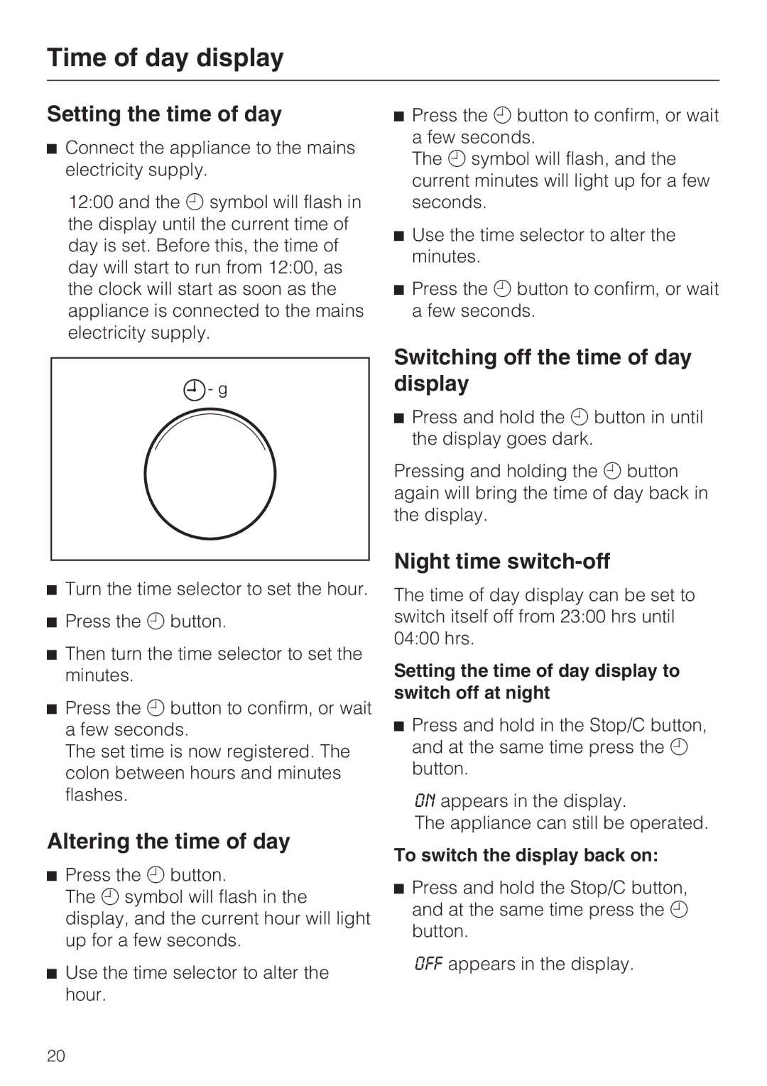 Miele M 8260-2 manual Time of day display, Setting the time of day, Altering the time of day, Night time switch-off 