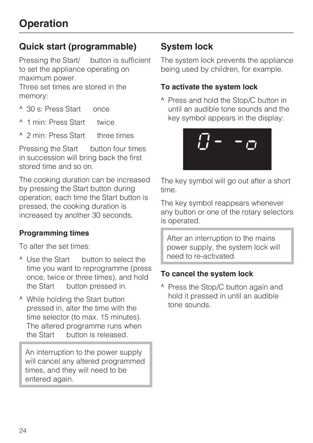 Miele M 8260-2 manual Quick start programmable, System lock, Programming times, To activate the system lock 