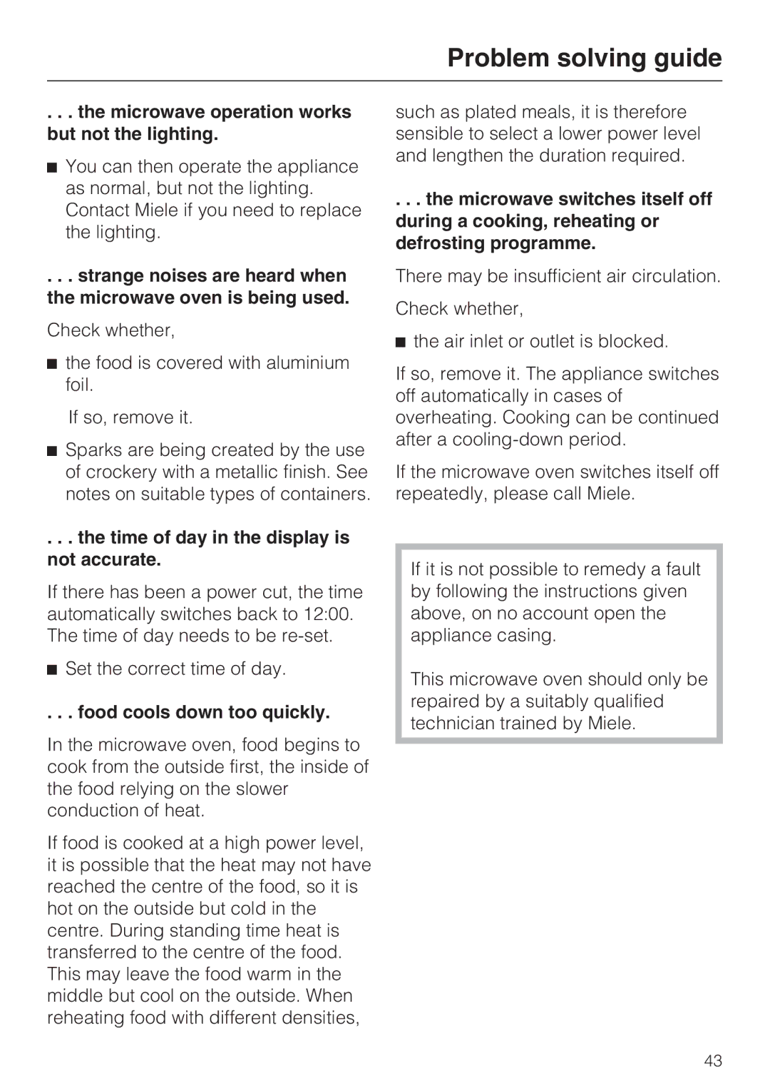 Miele M 8260-2 manual Microwave operation works but not the lighting, Time of day in the display is not accurate 