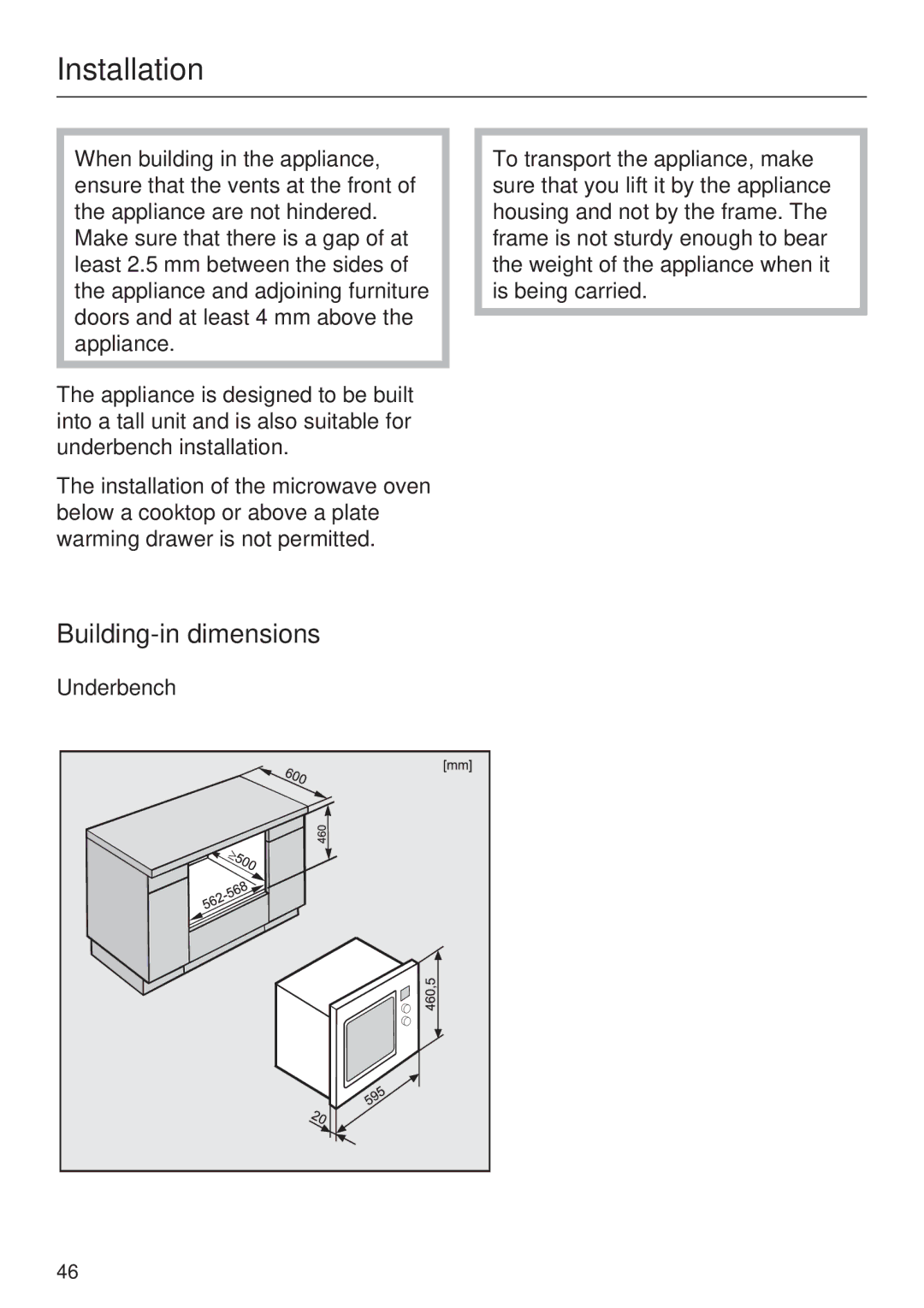 Miele M 8260-2 manual Installation, Building-in dimensions, Underbench 