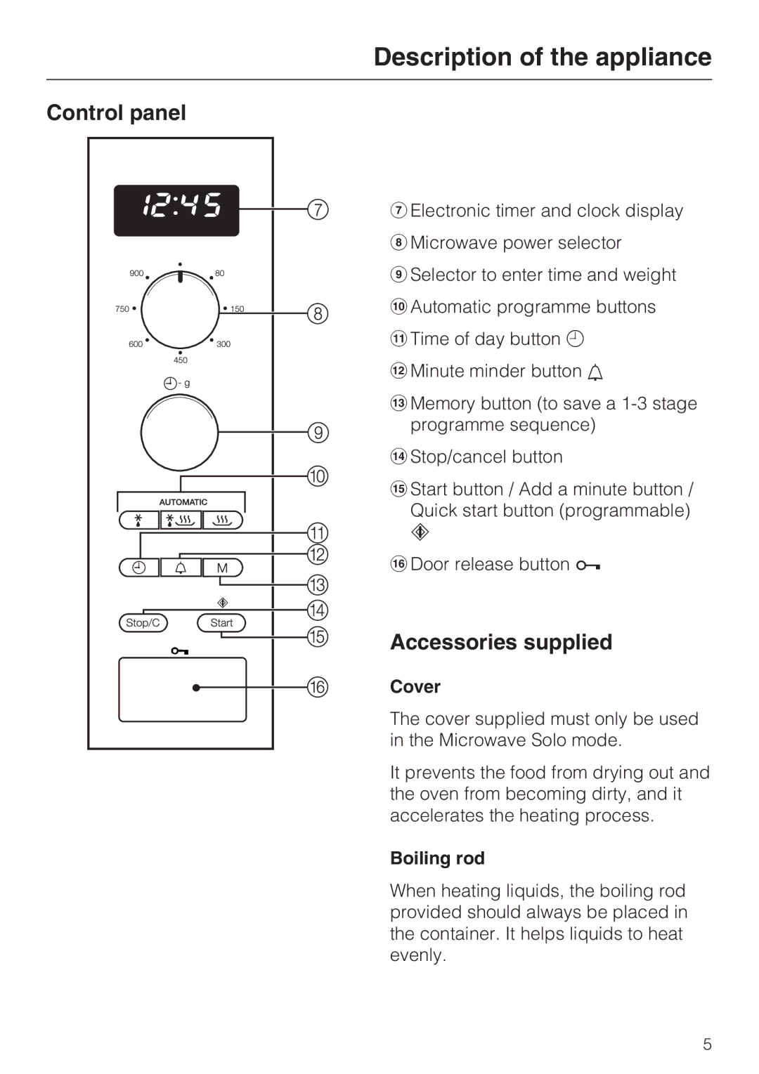 Miele M 8260-2 manual Control panel, Accessories supplied, Cover, Boiling rod 