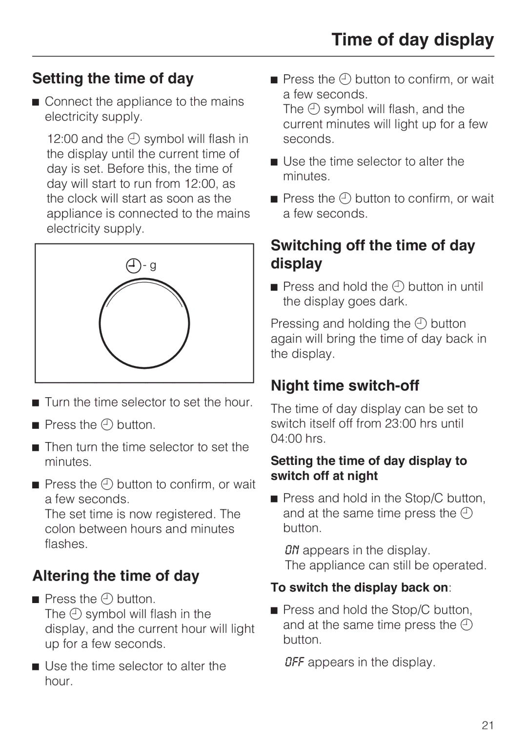 Miele M 8261-1 manual Time of day display, Setting the time of day, Altering the time of day, Night time switch-off 