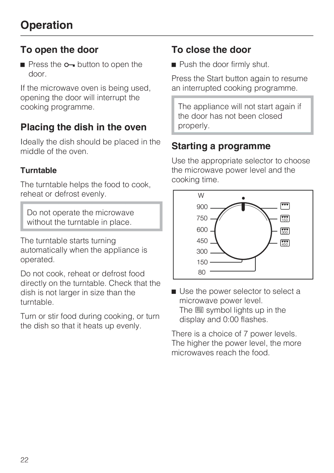 Miele M 8261-1 manual Operation, To open the door, Placing the dish in the oven, To close the door, Starting a programme 