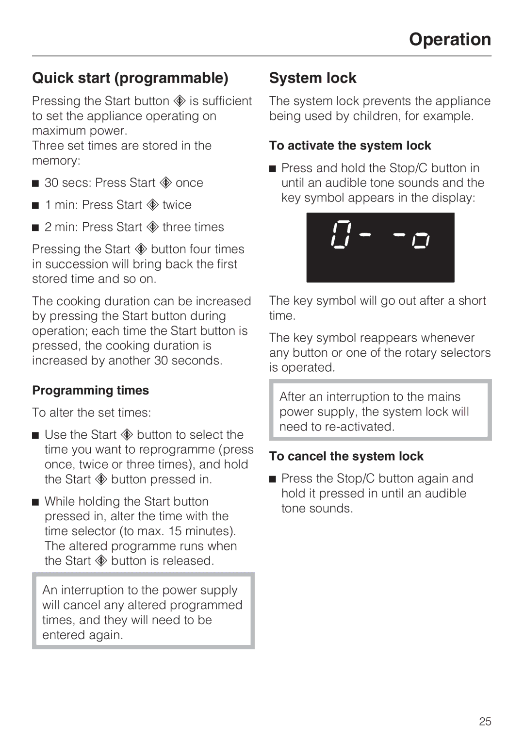 Miele M 8261-1 manual Quick start programmable, System lock, Programming times, To activate the system lock 