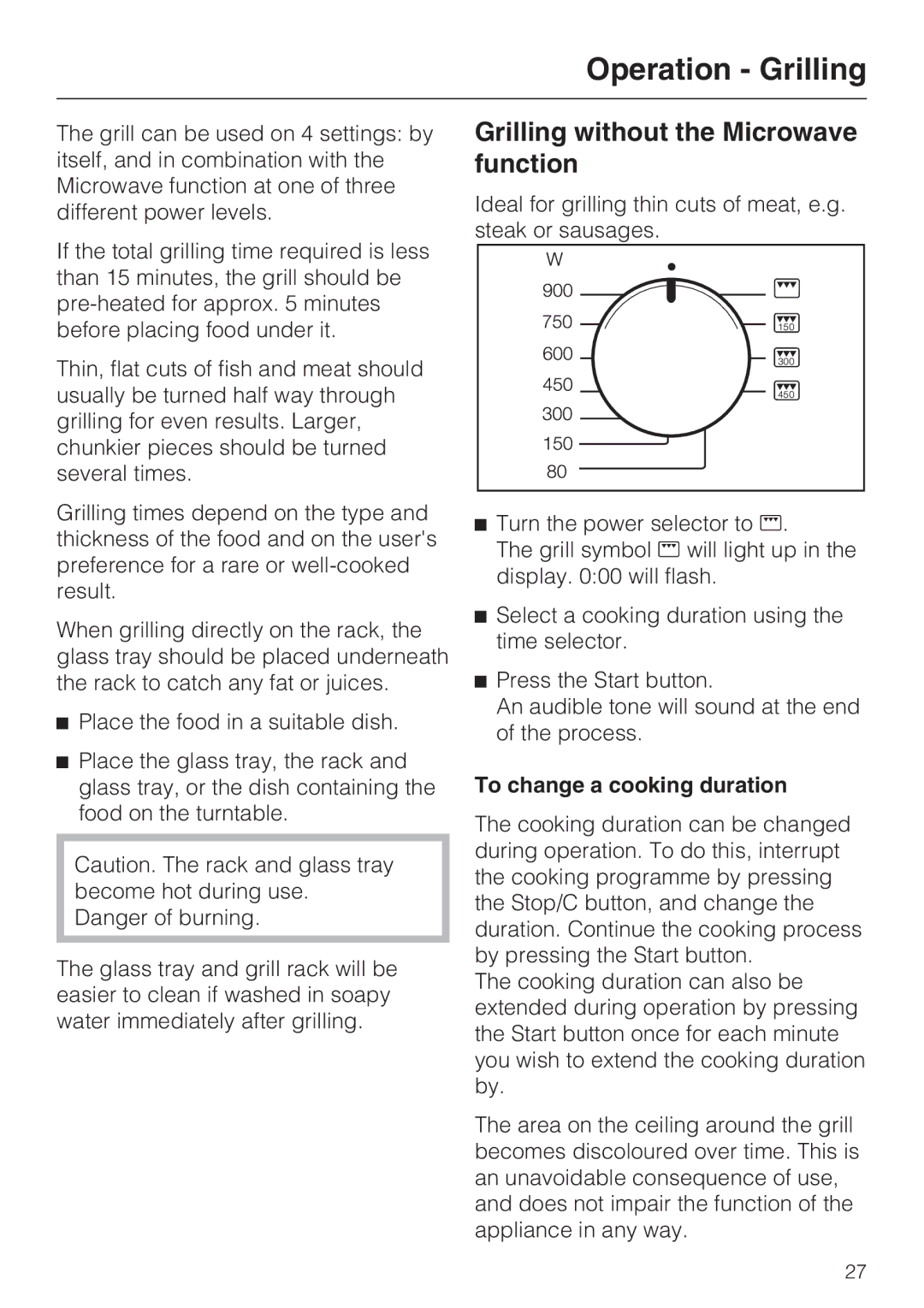Miele M 8261-1 manual Operation Grilling, Grilling without the Microwave function, To change a cooking duration 