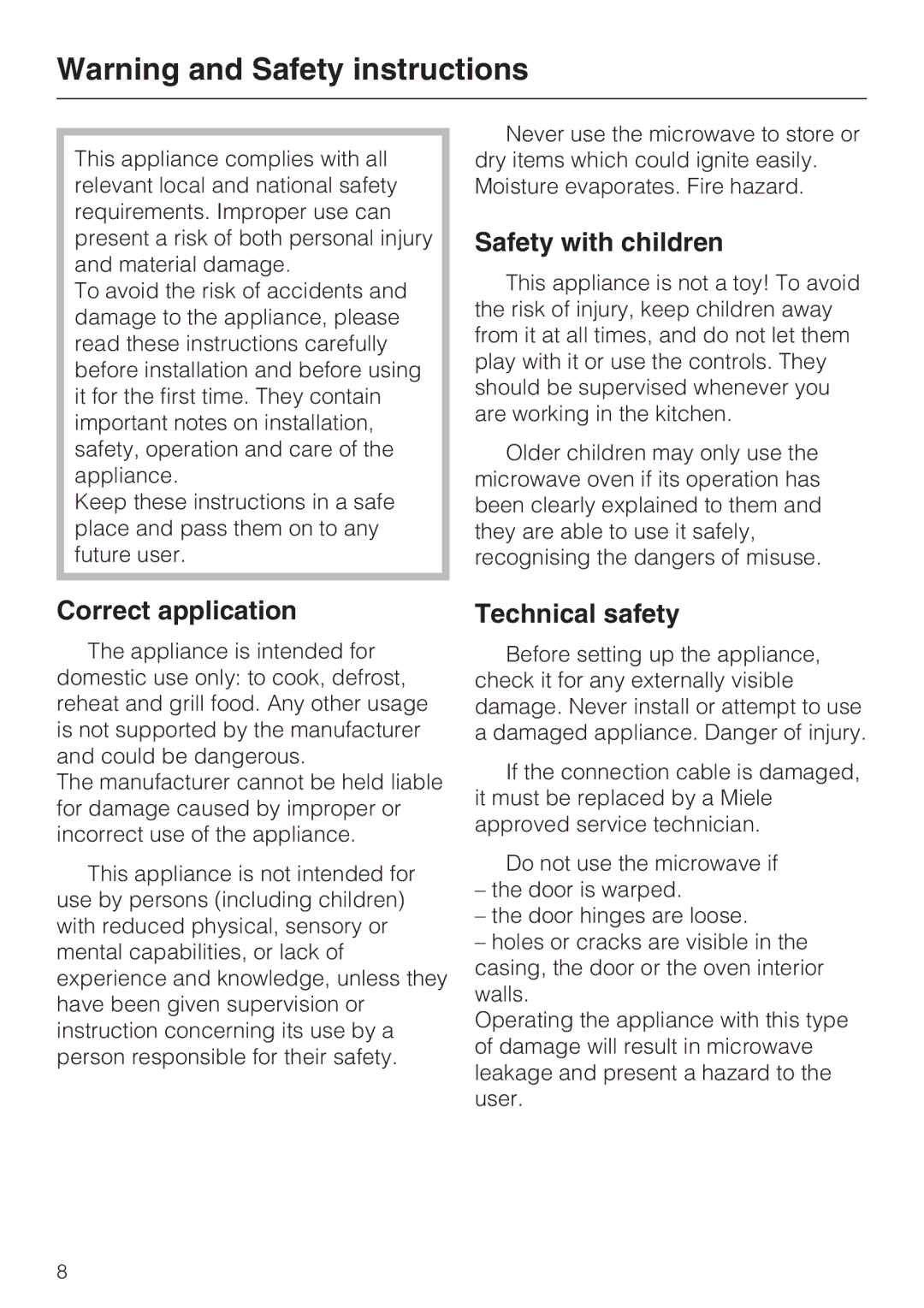 Miele M 8261-1 manual Safety with children, Correct application, Technical safety 