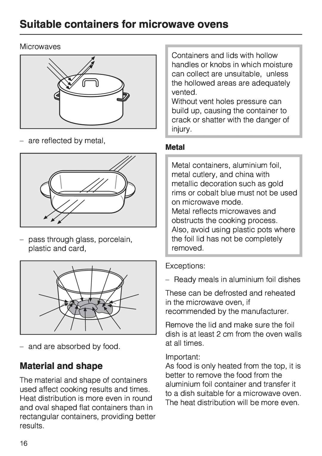Miele M 8261-1 manual Suitable containers for microwave ovens, Material and shape, Metal 
