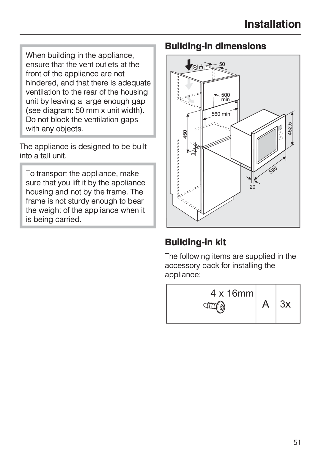 Miele M 8261-1 manual Installation, Building-indimensions Building-inkit, 4 x 16mm 