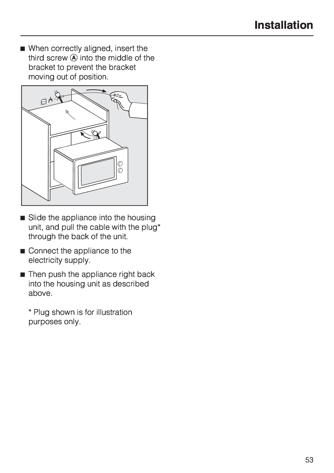 Miele M 8261-1 manual Installation, Connect the appliance to the electricity supply 