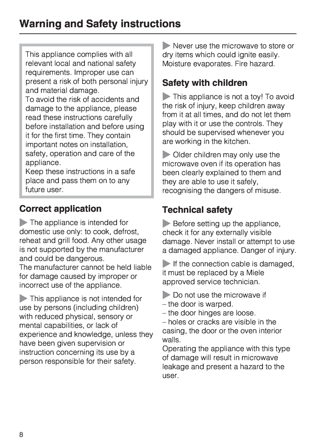 Miele M 8261-1 manual Warning and Safety instructions, Safety with children, Correct application, Technical safety 