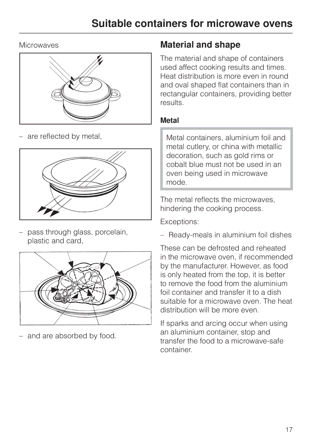 Miele M 8261 manual Suitable containers for microwave ovens, Material and shape, Metal 