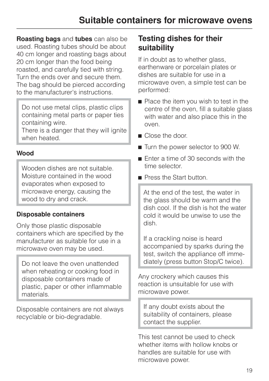 Miele M 8261 manual Testing dishes for their suitability, Wood, Disposable containers 