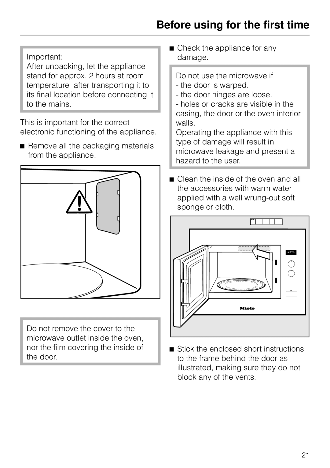 Miele M 8261 manual Before using for the first time 