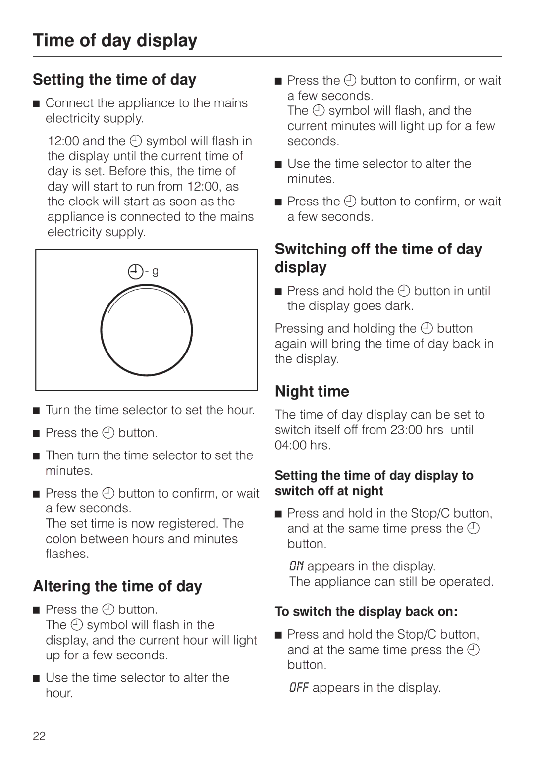 Miele M 8261 Time of day display, Setting the time of day, Altering the time of day, Switching off the time of day display 