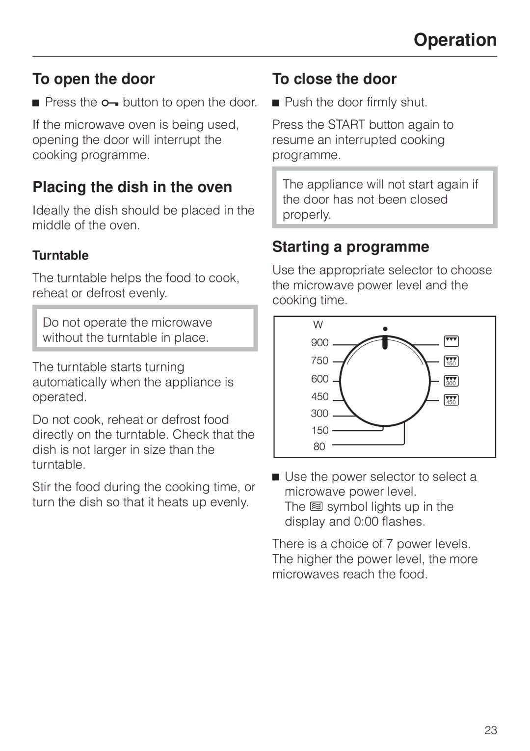 Miele M 8261 manual Operation, To open the door, Placing the dish in the oven, To close the door, Starting a programme 