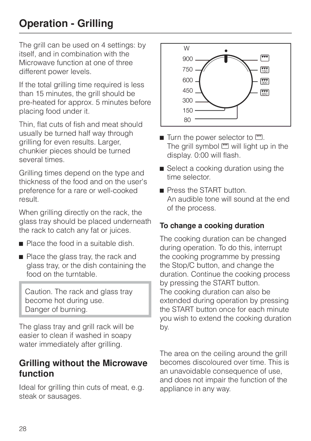 Miele M 8261 manual Operation Grilling, Grilling without the Microwave function, To change a cooking duration 