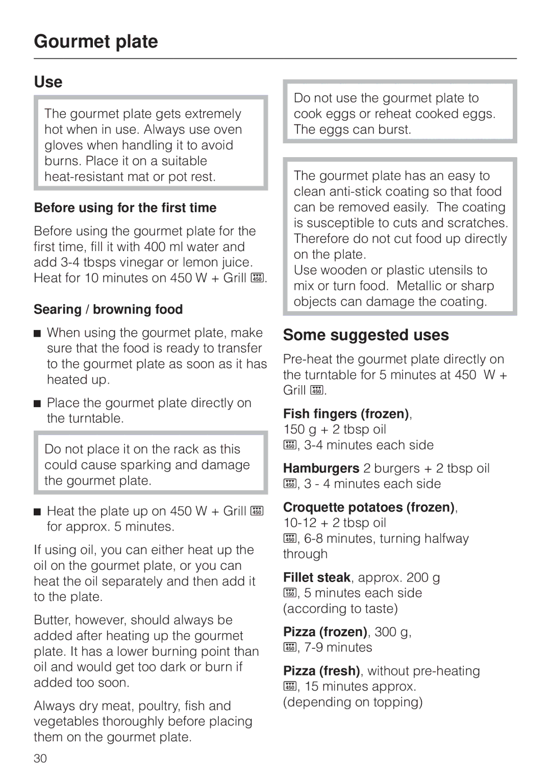 Miele M 8261 manual Gourmet plate, Use, Some suggested uses 