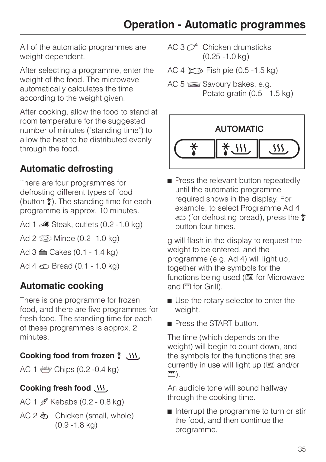 Miele M 8261 manual Operation Automatic programmes, Automatic defrosting, Automatic cooking, Cooking food from frozen N 